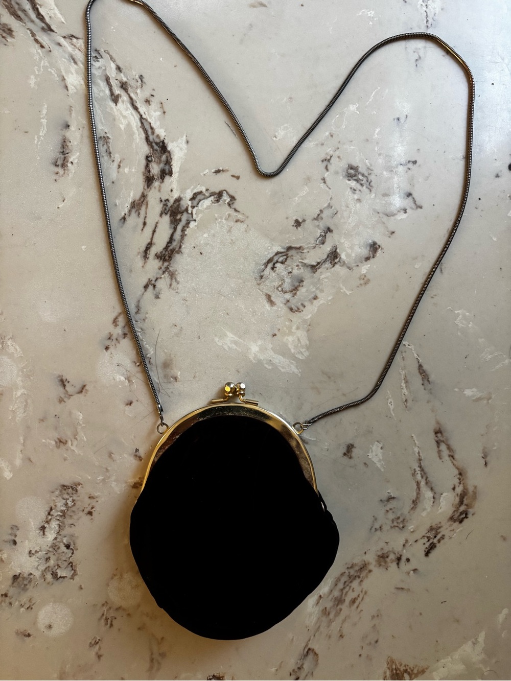 Vintage Le Regale Black Velvet Round Kiss-Lock Crossbody Bag with Gold Frame